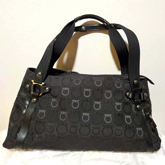 Salvatore Ferragamo Black Canvas Shoulder Bag with Silver Hardware - Picture 1 of 8